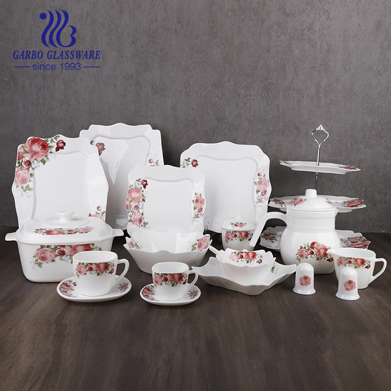 Hot Selling 75 PCS Set White Suqare Shape Opal Glass Dinnerware Set with Customized Decal Printing Designs Opal Glassware Sets with Plates Bowls Pots Mugs Jars