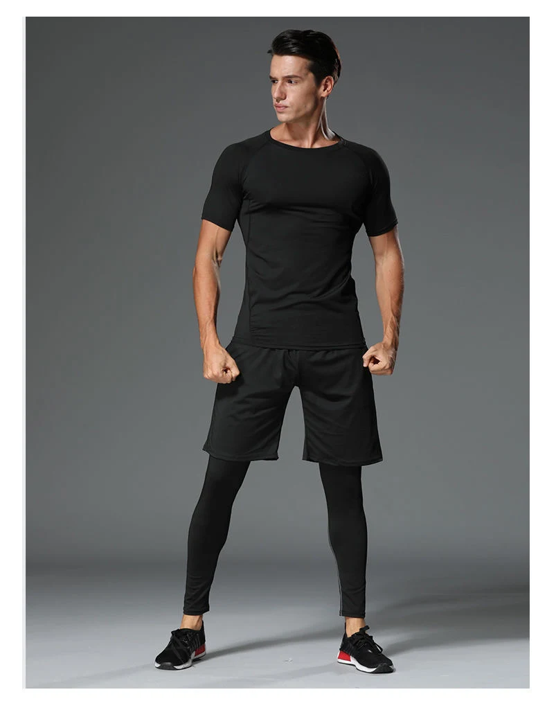 Wholesale/Supplier Men's Sports Top T Shirt Coat and Shorts Fitness Pants 5 Pieces Set Quick Dry Tights Breathable Sweat Absorbing Training Tracksuit