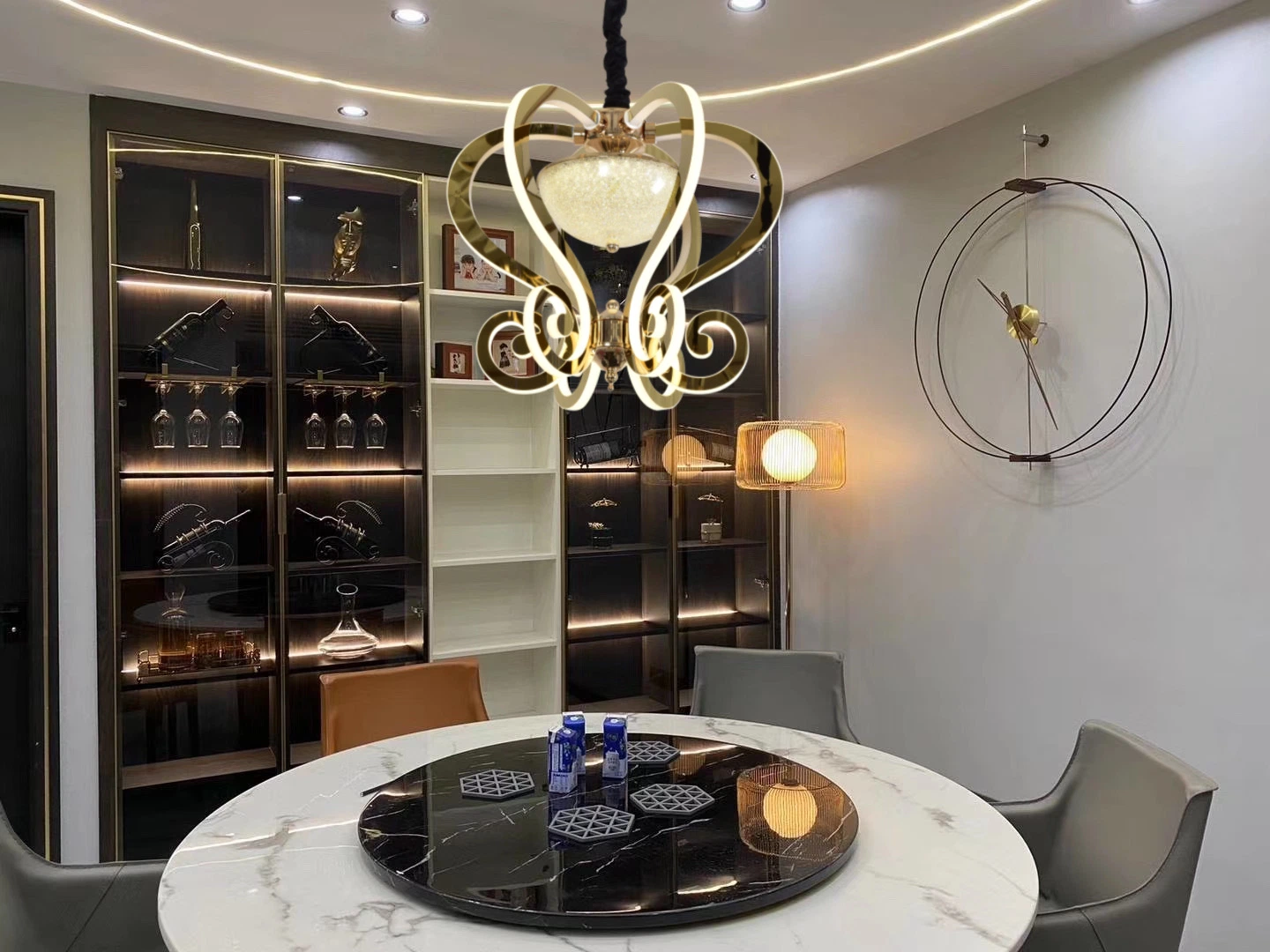 Modern Home Round Shape with Shiny Stainless Steel Pendant Lighting Fixtures Chandeliers Dining Room Bedroom Ceiling Chandelier Pendant Lights