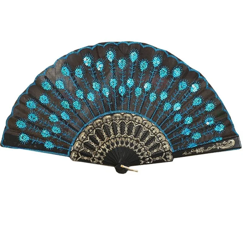 Spanish Style Foldable Plastic Embroidered Sequin Hand Fans for Wedding Gifts Dancing Party Supplies
