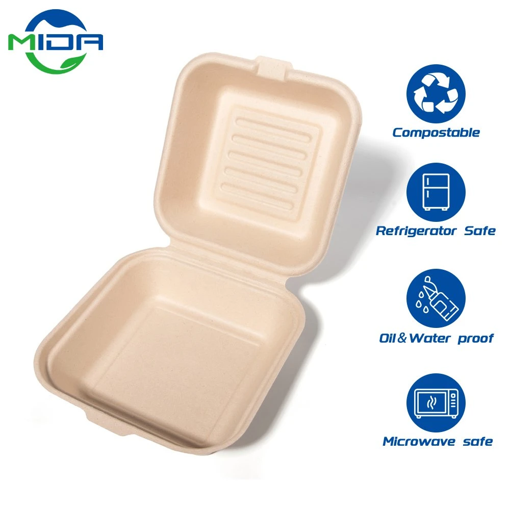 Custom 6 Inch Take Away Lunch Packing Fast Food Container Biodegradable Clamshell Sugarcane Bagasse Burger Lunch Box