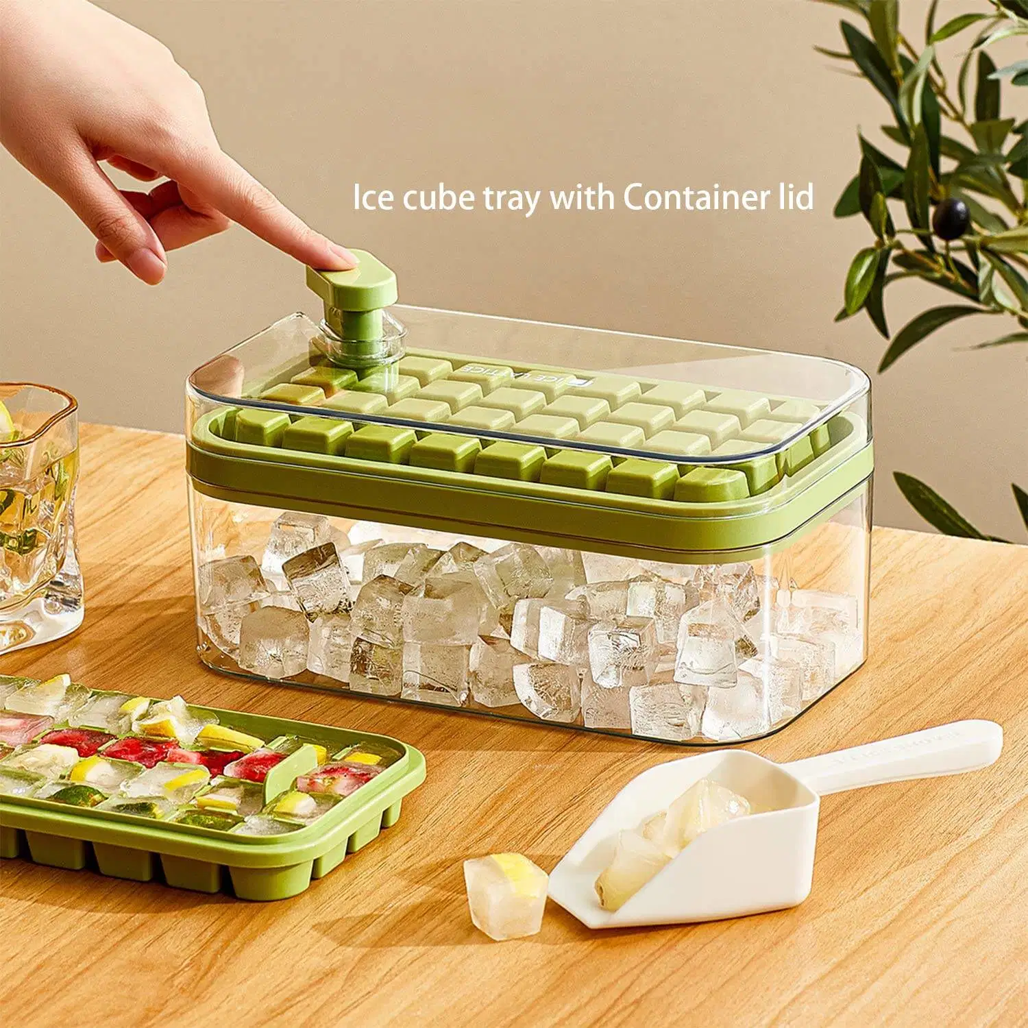 Lid and Bin Square Ice Cubes Molds Storage Box Ice Maker Trays