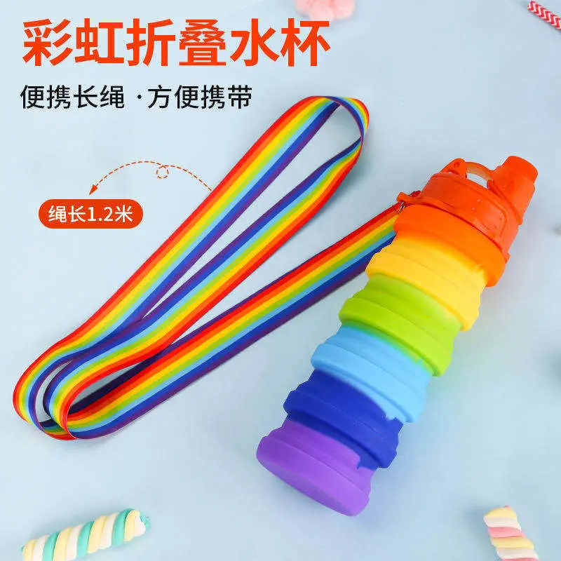 Silikon Folding Sport Wasser Cup Cute Rainbow Strap Retractable Kinder Wasserflasche