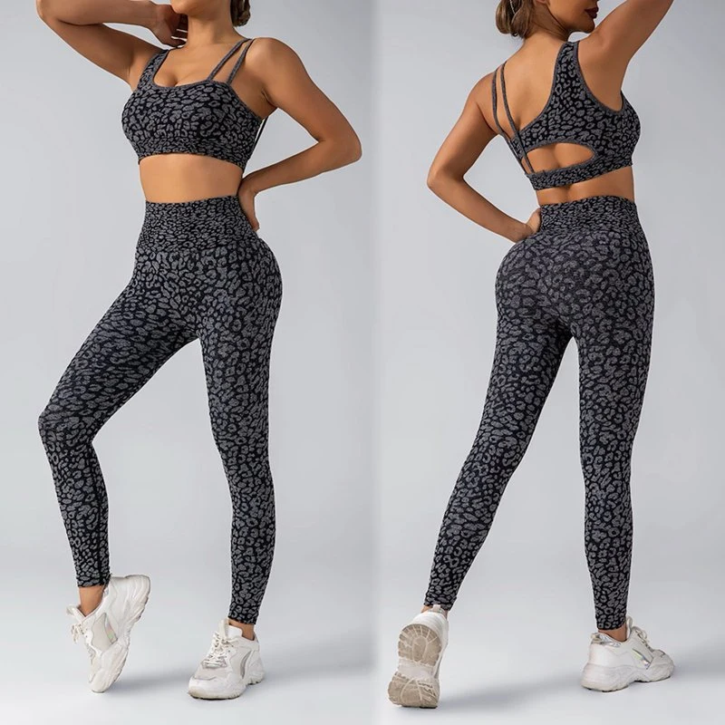 New Style Ladies 2 Pieces Leopard Gym Fitness Clothes Sexy Hollow Back Bra Yoga Wear Set High Elastic Seamless Workout Apparel