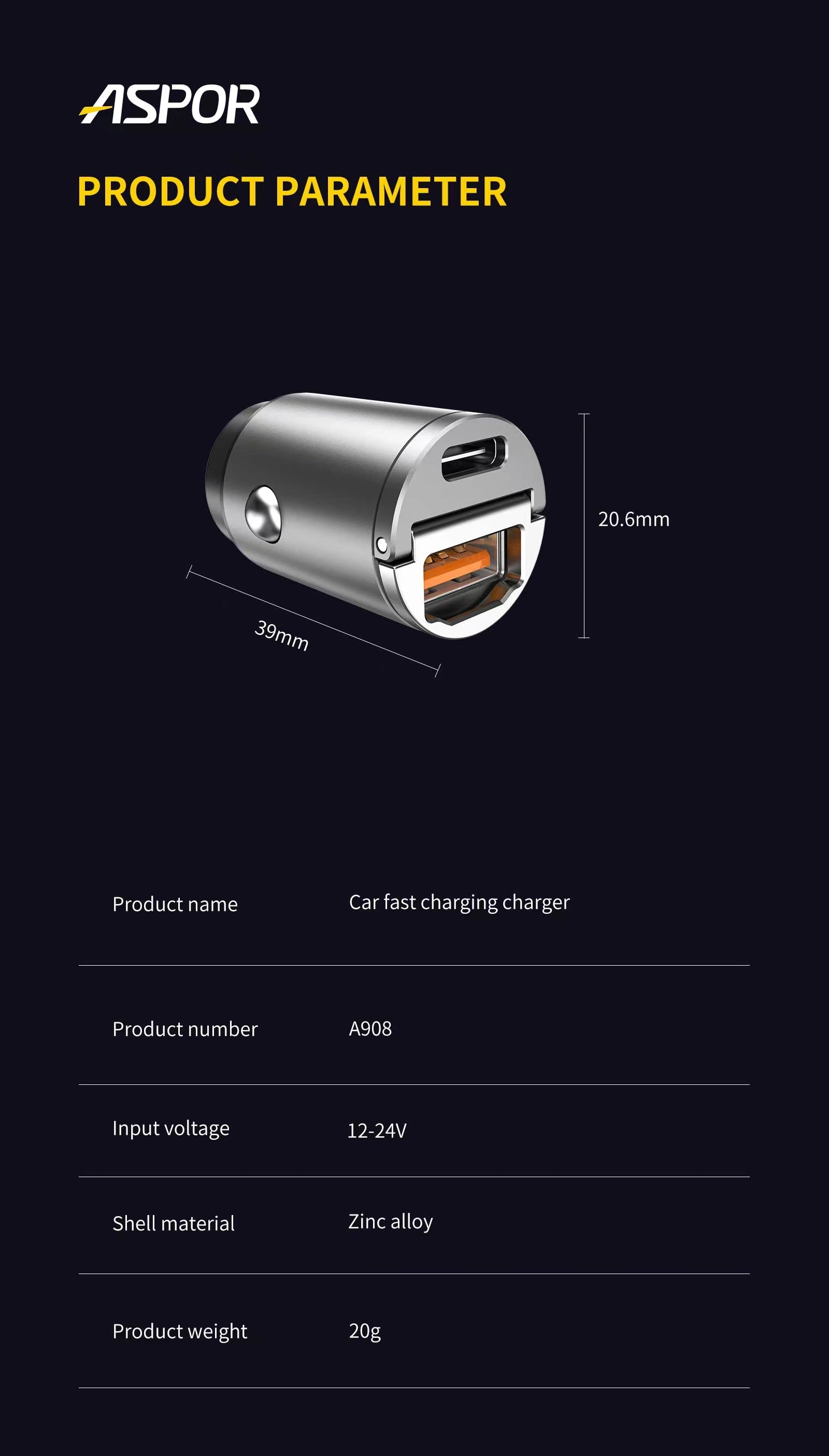 Aspor Dual USB 2USB 30W Mini Car Charger Smart Fast Charging QC3.0 in-Car Charger/2-in-1 in-Car Charger USB Port Portabe Power Plug for Smartphone