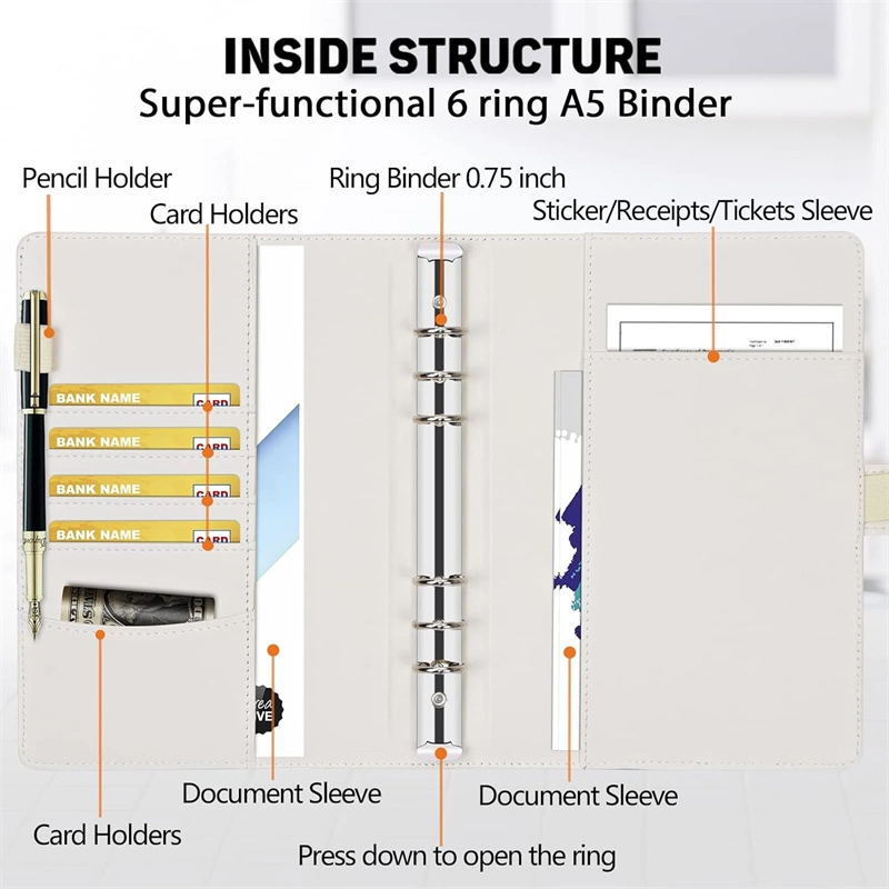 Leather A5 Binder 6 Ring Binder Planner Organizer Cover for Writing Notebook