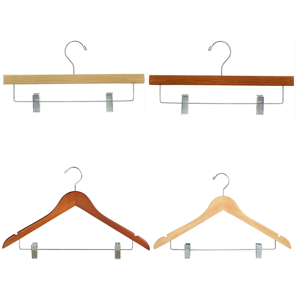 Wooden Top/Bottom Clothes Solid Wood Hangers in Glossy/Matt Natural/White/Black Color with Trousers Bar/Clips/Metal Chrome Hook for Coat/Shirt/Suit/Pant/Jacket