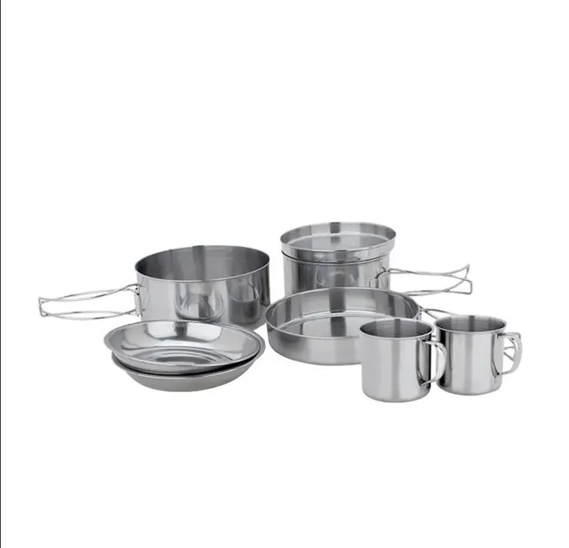 Hot sale ensemble de 8 pièces portatif batterie de cuisine de camping ensemble nourriture Classe acier inoxydable ensemble de cuisson extérieur ensemble de rando mess