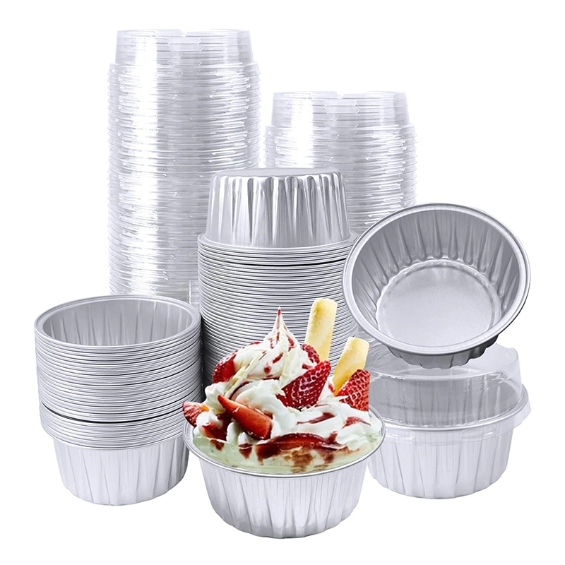 Aluminium Becher mit Deckel Einweg-Ramekin Backbecher Muffin Liner Mini Pie Pfannen Folie Cupcake Behälter für Weihnachtsfeier Hochzeit Party