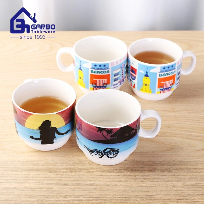 Apilable de calidad Premium Juego de taza de café de cerámica de diseño de impresión de aduanas taza de té de la taza de té de porcelana Cantidad Mínima