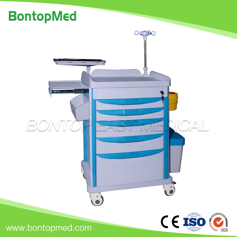 a OEM Economic ABS Medical Emergency Ambulance Trolley and Hospital Nursing Treatment Cart with IV Pole and Monitor Bracket