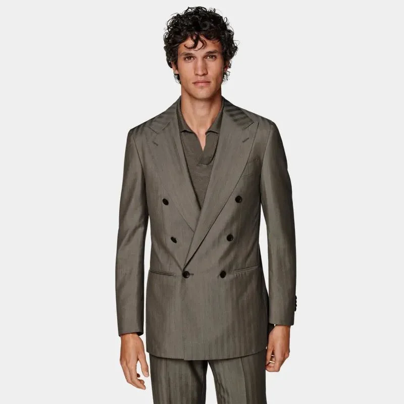 Taupe Wool and Silk Blended Men's Business Slim Double-Breasted Suit