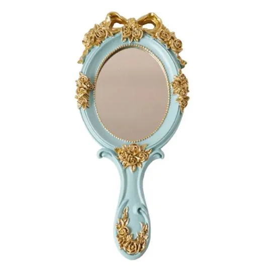 European Vintage Resin Wooden Makeup Mirror Handheld Carved Oval Mirror Portable Salon Mirror