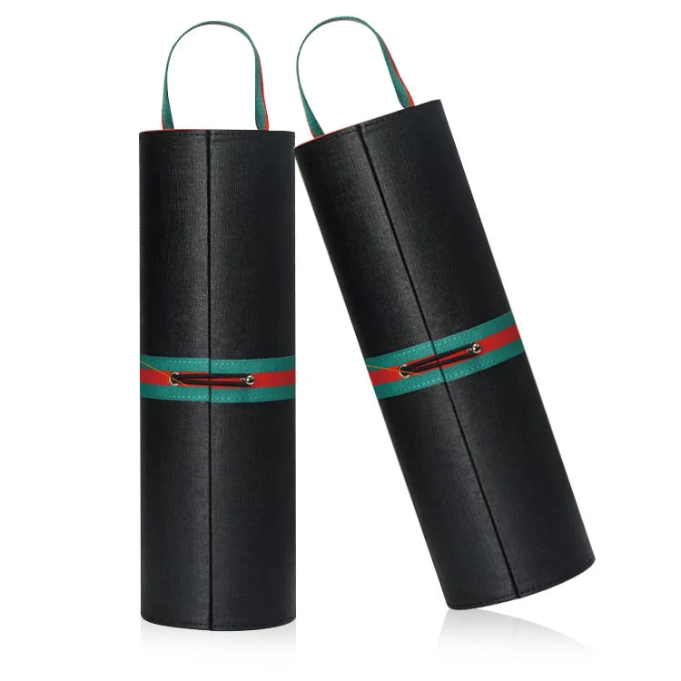 Black Portable Wine Case PU Leather Cylinder Wine Box 1 Bottle Carrying Case for Packing Wine Bottle