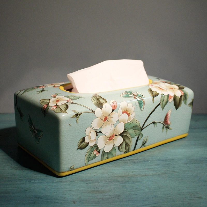 T007 Fancy Ceramic Toilet Paper Dispenser Handmade Flower Painting Porcelain Green Tissue Box Paper Case Holder for Tissue