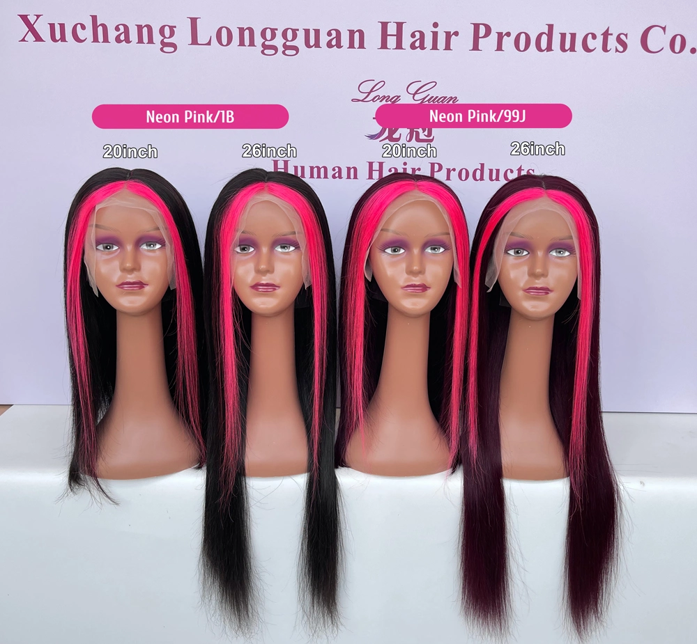 Human Hair 26-Inch Neonpink#99j# Straight 13X4 Skunk Stripe Lace Front Wigs