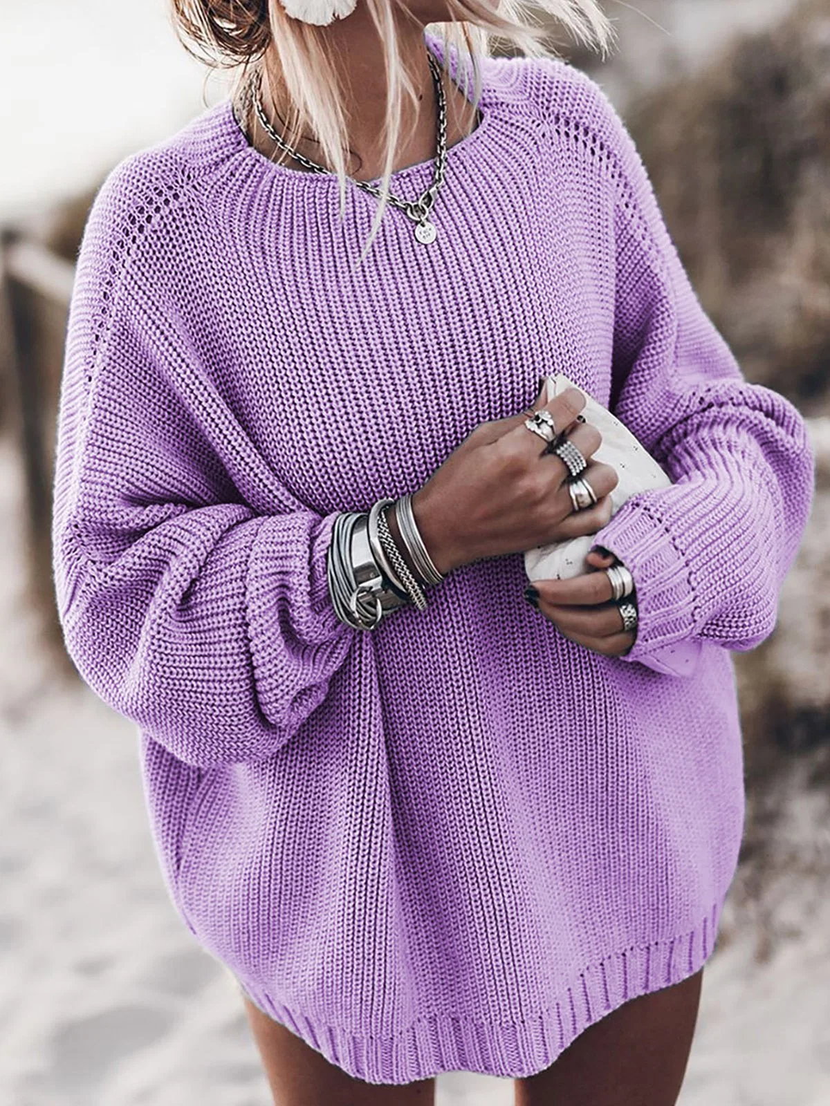 Winter Women O-Neck Casual Oversized Knit Pullover Sweater