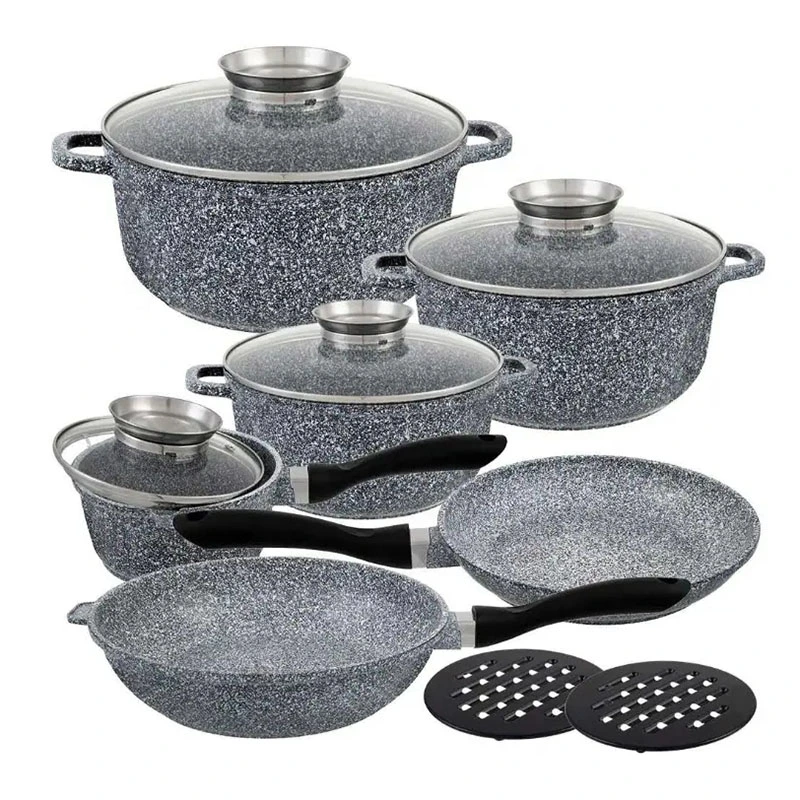 Factory Wholesale 12PCS Aluminum Cookingware Induction Bottom Kitchen Cooking Pots Deep Pans Non Stick Granite Marble Coating Cookware Sets