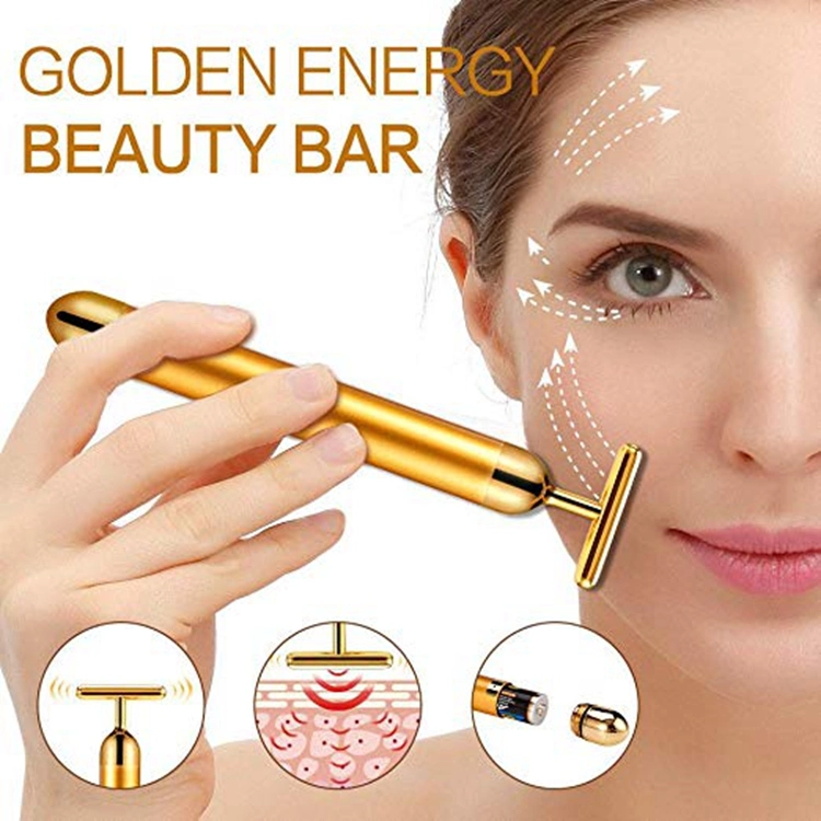 2021 24K Gold Energy Beauty Bar Vibrating Facial Lifting Skin Care T Shape Electric Face Massager