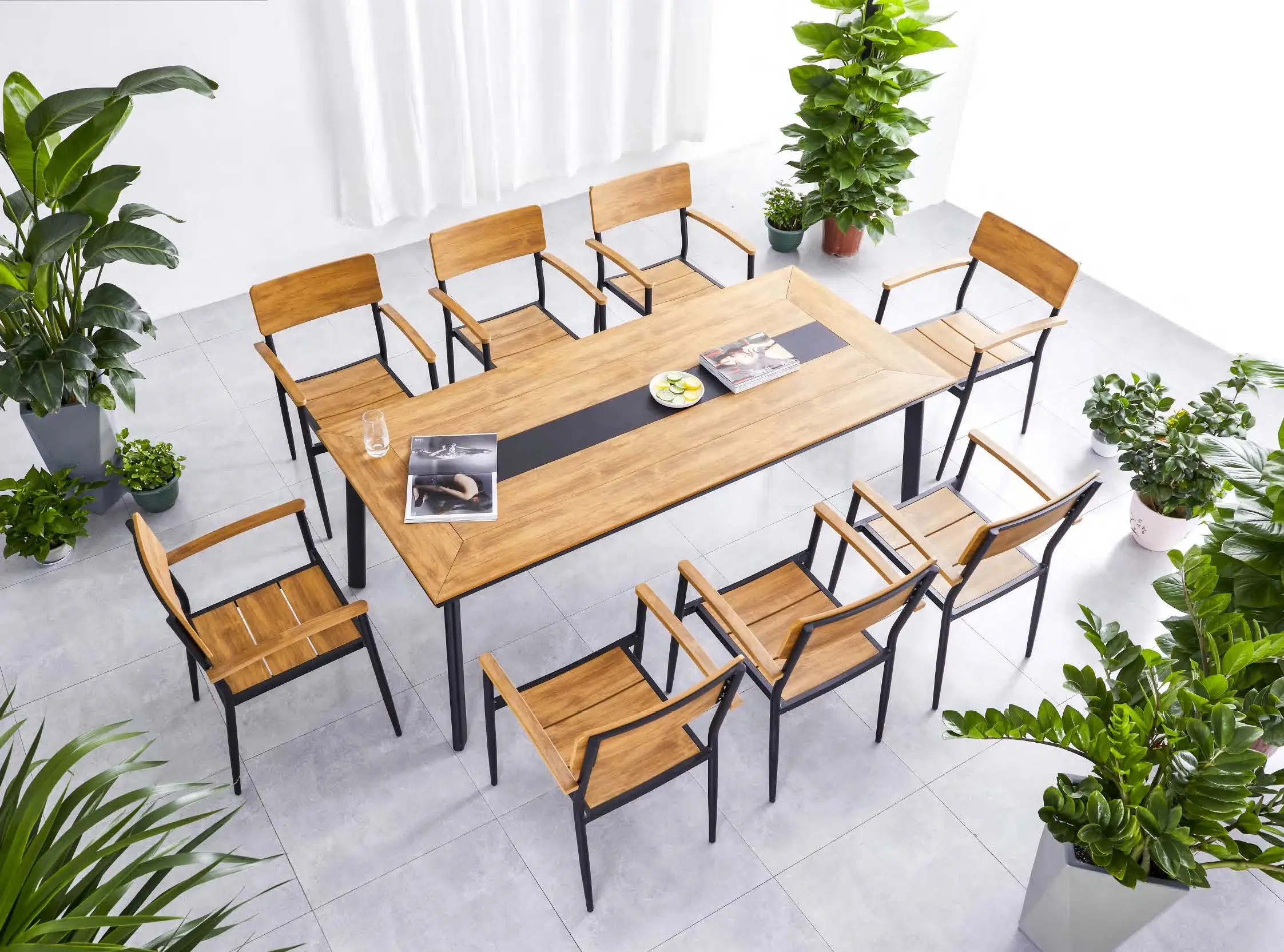Outdoor Plastic Wood Tables and Chairs Garden Anti-Corrosion Wood Waterproof Sun Protection Outdoor Balcony Garden Dining Sets