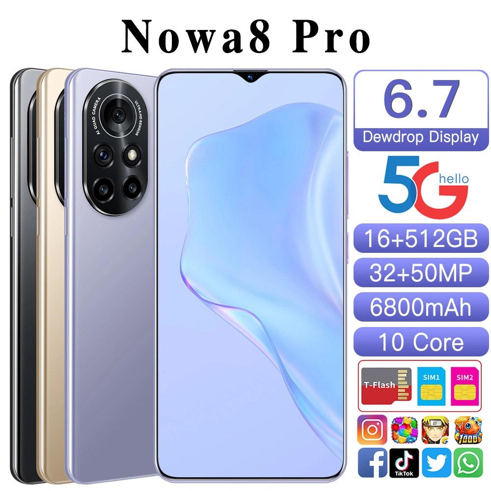 Venda por grosso de fábrica Huwei Nowa 8 PRO 5G Mobile Phone 512 GB 16 GB de RAM GSM Desbloqueado Smartphone versão Global