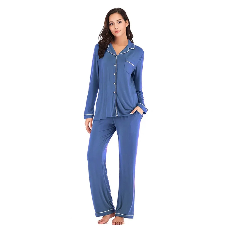 Button Closure Long Sleeve Leisure Wear Breathable Two Piece Pajamas for Woman