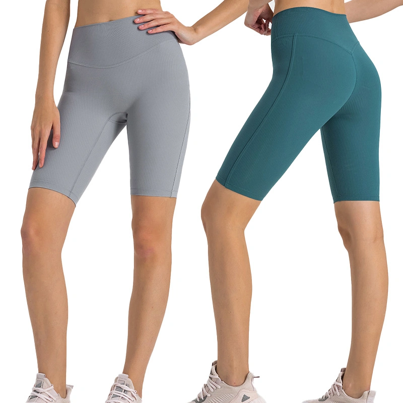 Dk377 estriada Drawstring la conformación de cintura alta Peach Butt ejercicio Leggings corriendo al aire libre Gimnasio Yoga pantalones cinco puntos de la mujer