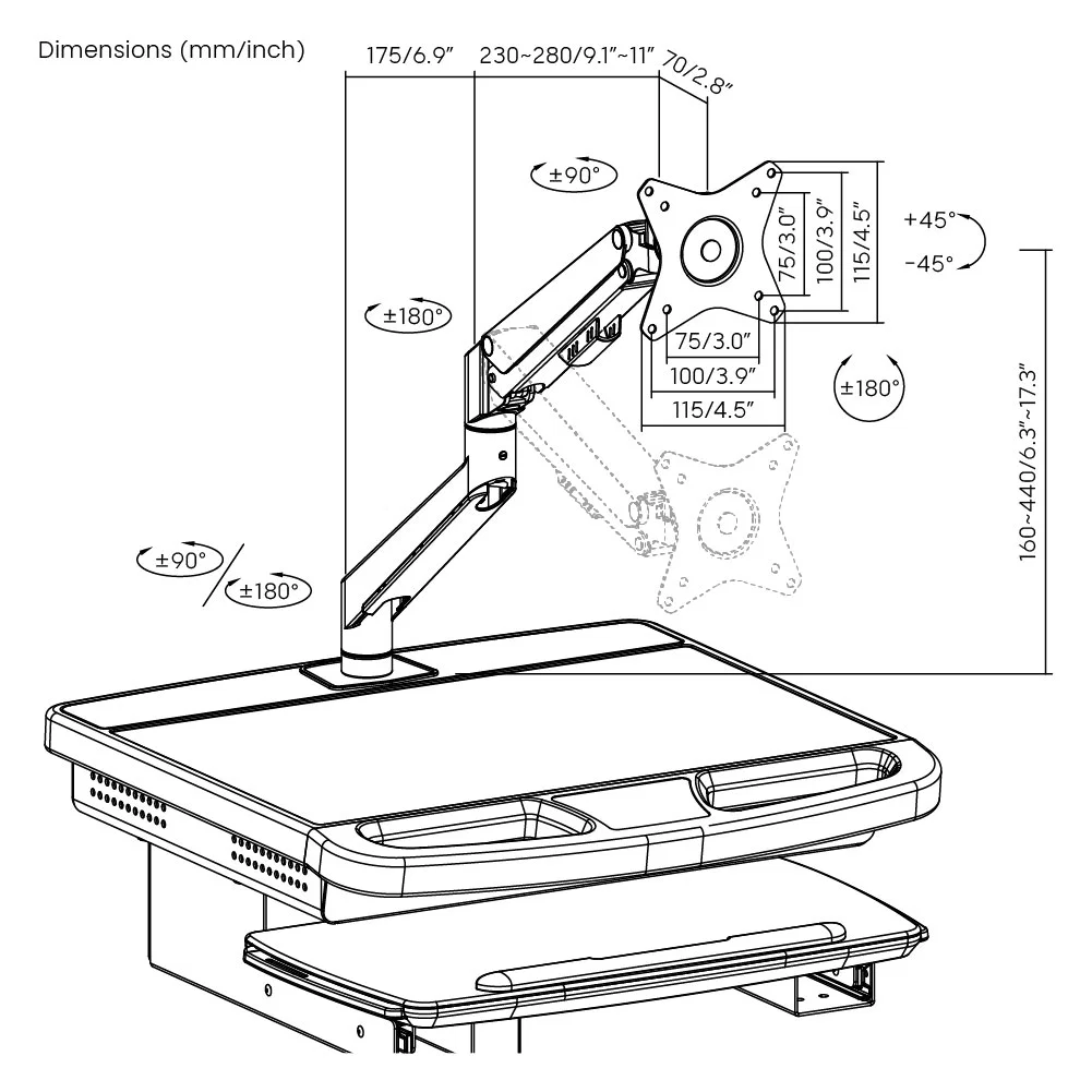 Gas-Lift Medical Cart Mobile Height Adjustable Trolley with Monitor Arm Wheels Keyboard Tray