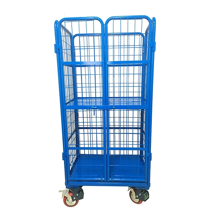 Warehouse Storage Three-Side Folding Wire Mesh Roll Container Rolling Cart Cage Trolley for Transportation