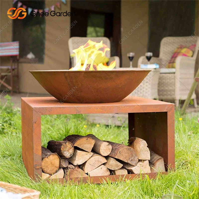 Rusty Surface Corten Steel Fire Pit with Woodstorage