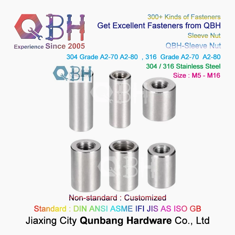 Qbh Customized Carbon Steel/Stainless Steel Zp/Yzp/Bzp/Plain/Black/HDG/Dacromet/Geomet/Nickle Plated Double Thread Nut Round Sleeve Stud Rod Coupling