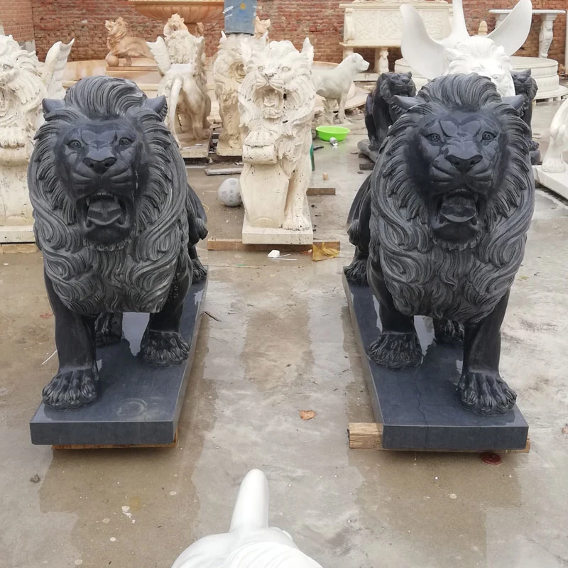 Outdoor Garden Animal Furniture Hand Carving Black Nature Marble Stone Pair of Lions Staute