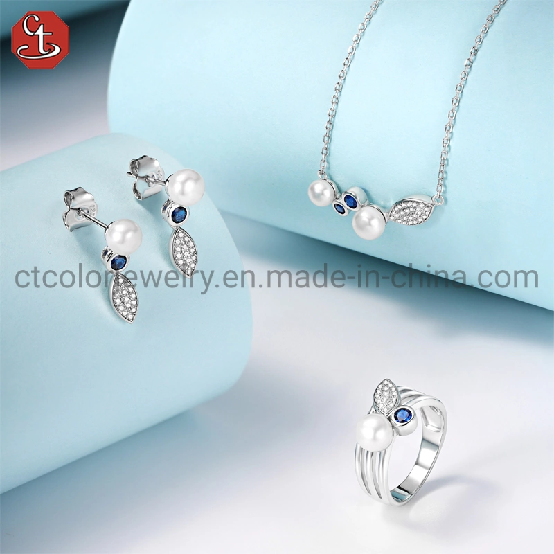 925 sterling silver Shell  Pearl Blue sapphire Jewelry Set for women