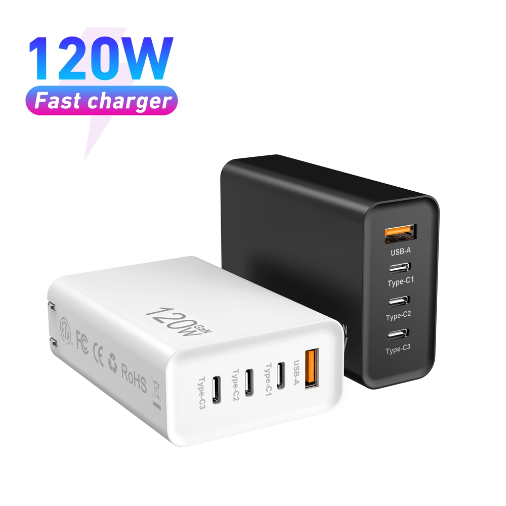 Multiporta portátil Super Fast GaN tipo C Multi 4 portas Carregador de parede USB C PD USB C Phone de 120 W.