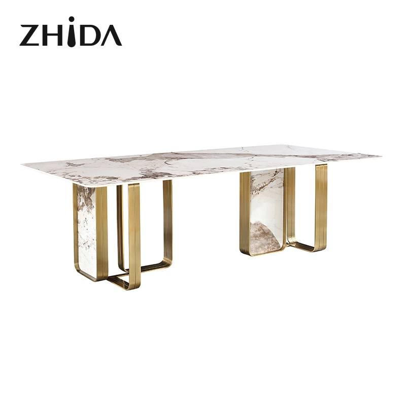 Zhida Factory Wholesale/Supplier High quality/High cost performance  Luxury Italian Design Home Furniture Dining Room Hotel Restaurant 6 8 Seater Villa Marble Dining Table Chair Set