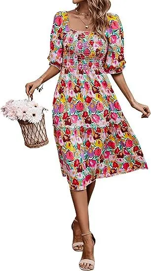 Ladies Fashion Short Sleeve Floral Skirt Square Collar Pleated Design Holiday Style Long Dress