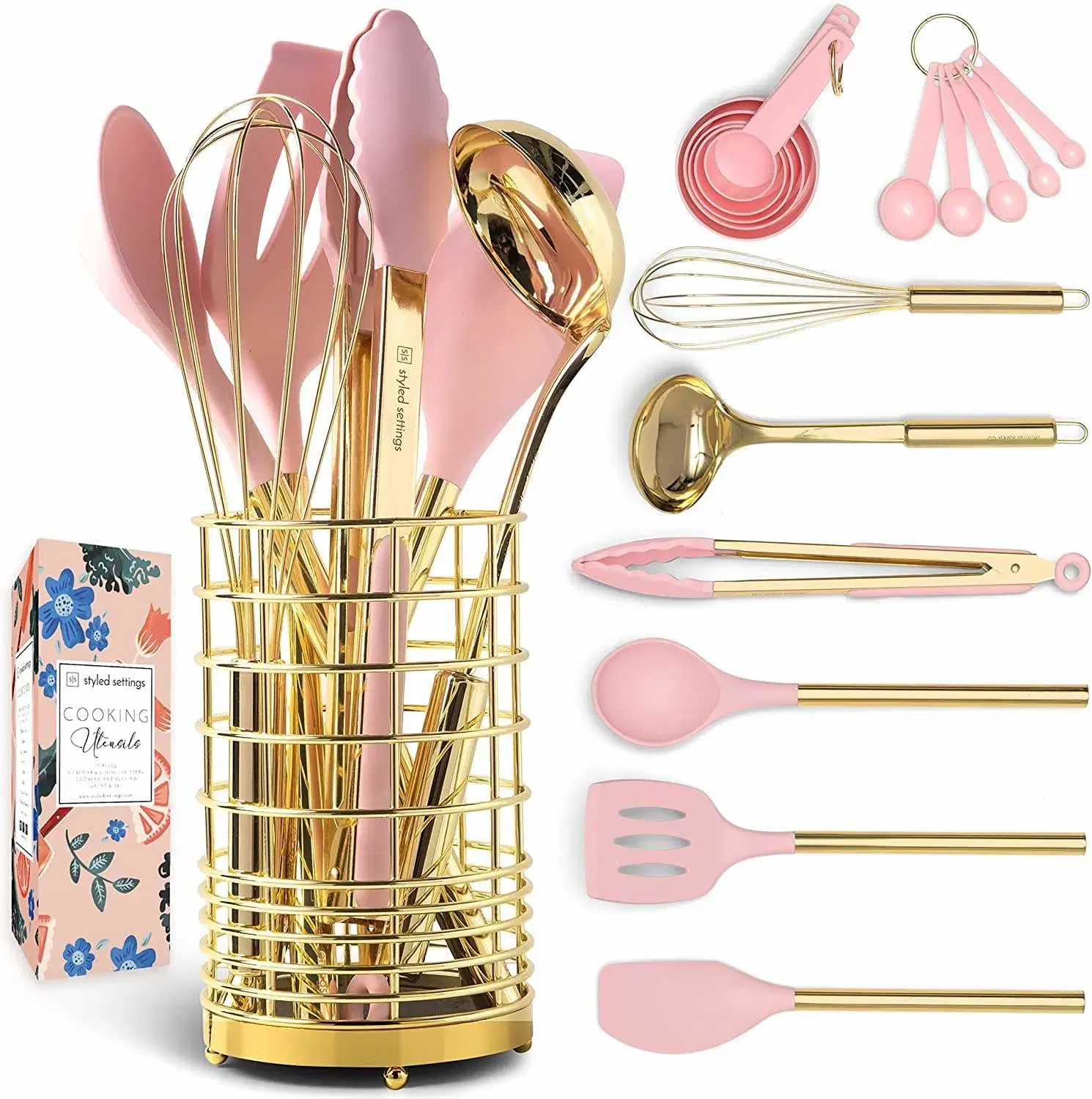 Vente chaude de 17 PCS Ensemble d'ustensiles de cuisine en silicone doré et rose avec support doré Accessoires de cuisine.