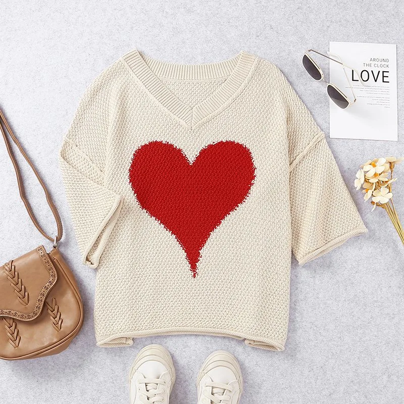 Dear-Lover Wholesale/Supplier Valentine&prime; S Day Coton Tshirt Beige V-Neck Dropped Sleeve Heart Print Slouchy Shift Knitted Graphic Women Clothing Tee Shirt