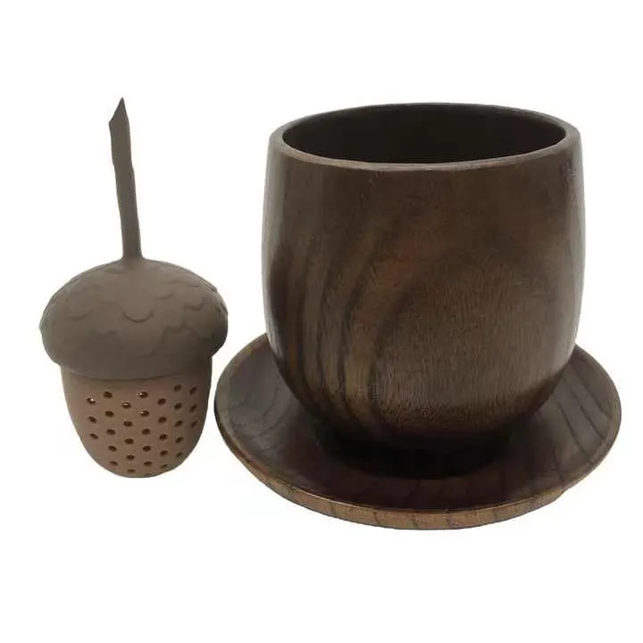 Handmade Japanese Gift Box Tea Wooden Coffee Jujube Wood Drinking Mug 2 Cups and Saucer Set with Silicone Tea Strainer