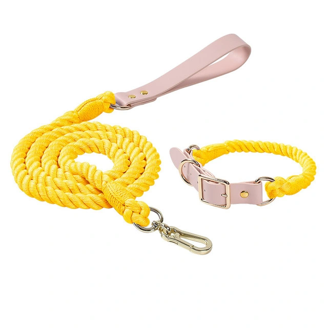 PU Leather Woven Rope Dog Collar & Lead, Custom Logo Pet Leash & Collar