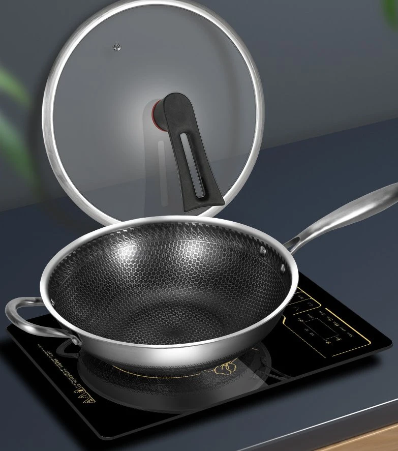 En forma de panal de doble cara 316 Acero Inoxidable acero Non-Stick Three-Layer Wok, sartén