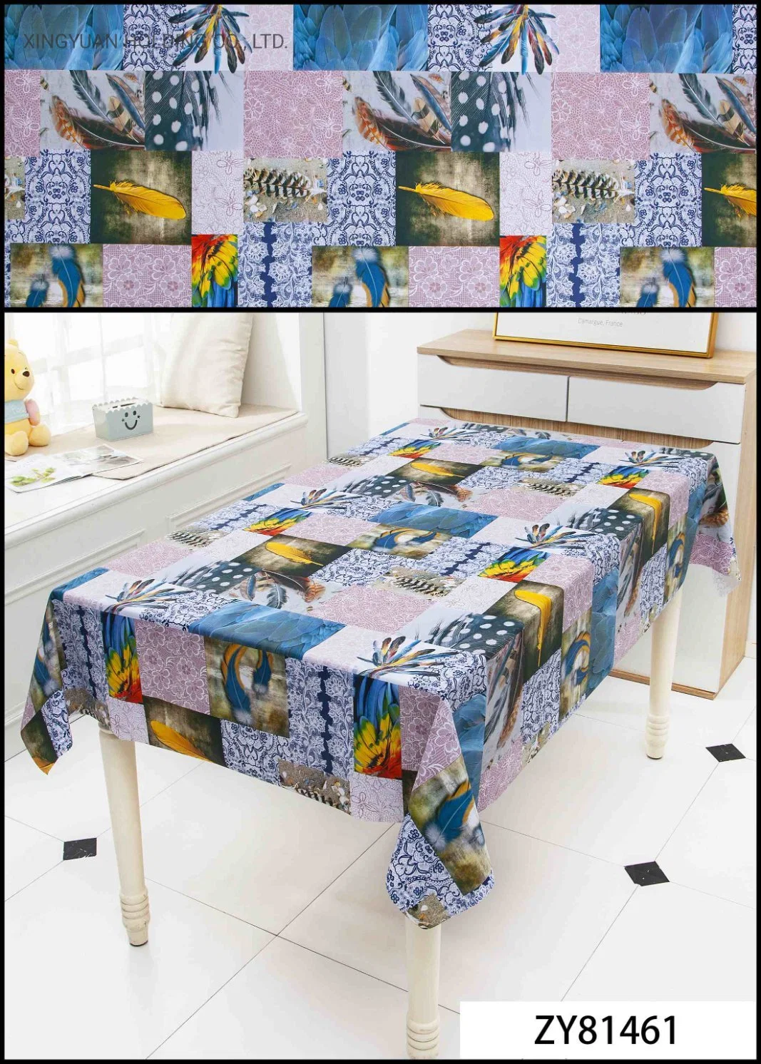 Bright Colored Feather PVC Printed Tablecloth Waterproof Oilproof Table Cloth