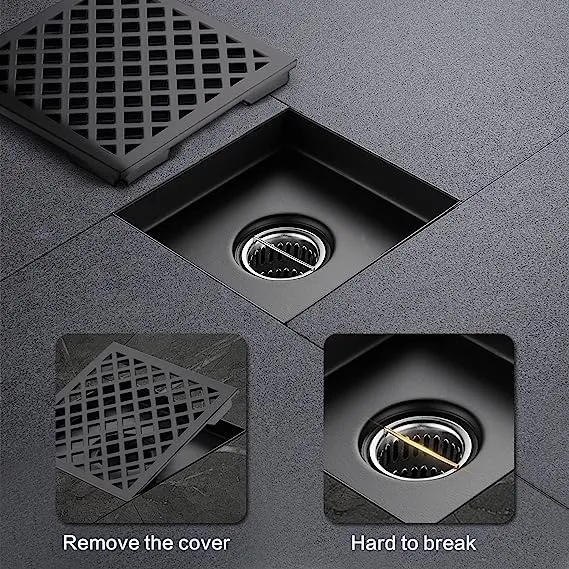 Quare Shower Drain Matte Black 6 Inch with Flange SUS 304 Stainless Steel