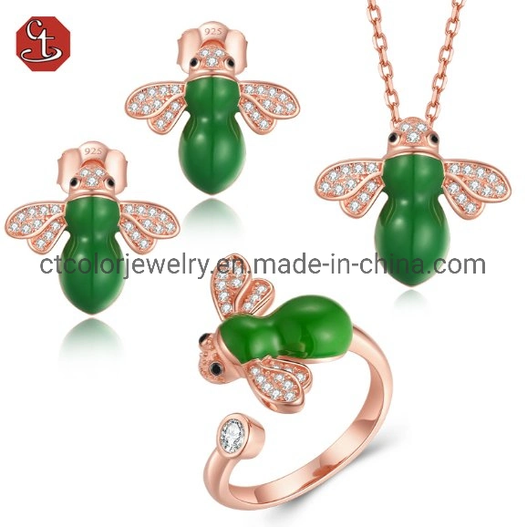 Cute Animal Model Green Enamel Zirconia Bee Ring Earrings Necklace Jewelry Set