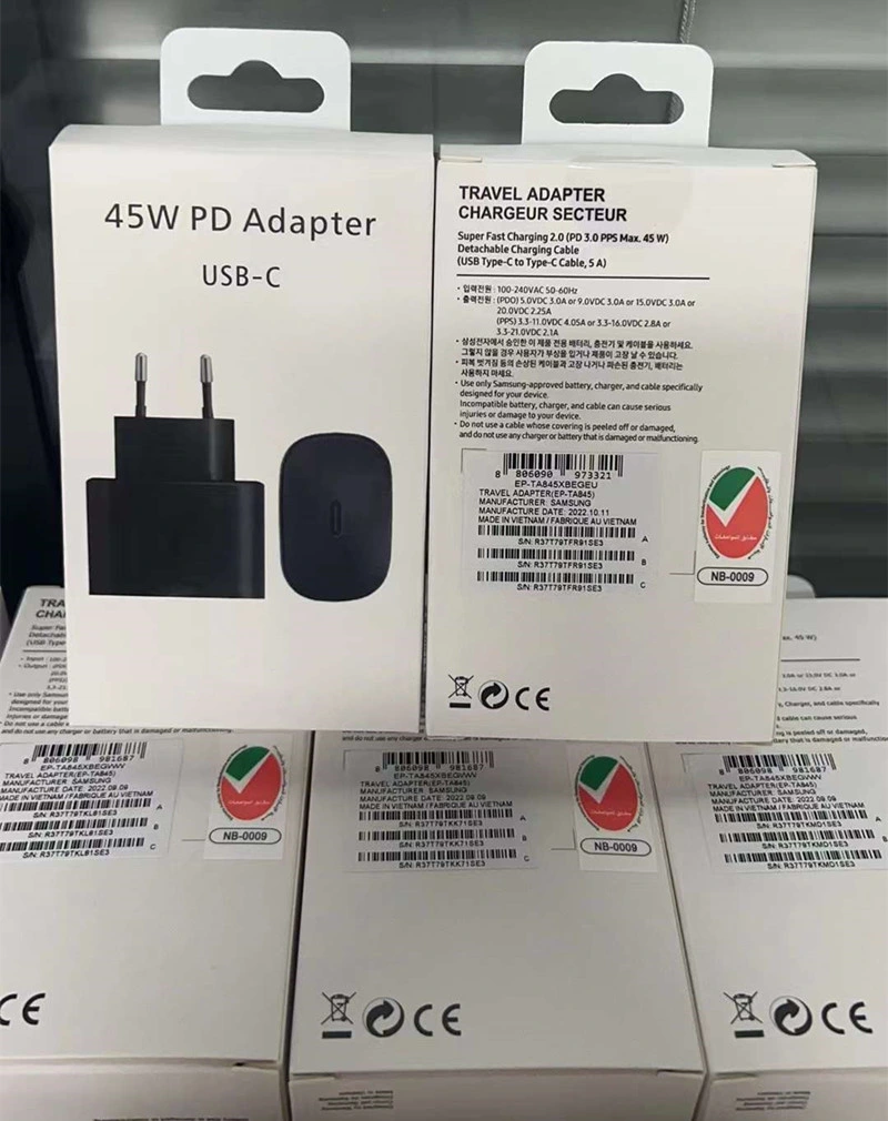 Grossista ficha de carregador de parede UE de 45 W e carregamento rápido tipo C duplo Cabo para Samsung Galaxy S23 S22 S20 S21 Nota 20 A73 adaptador A53 tipo C.