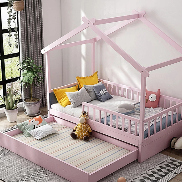 High quality/High cost performance Competitive Price Full Size Kids Baby House Bed Pine Wood Roof and Guardrails