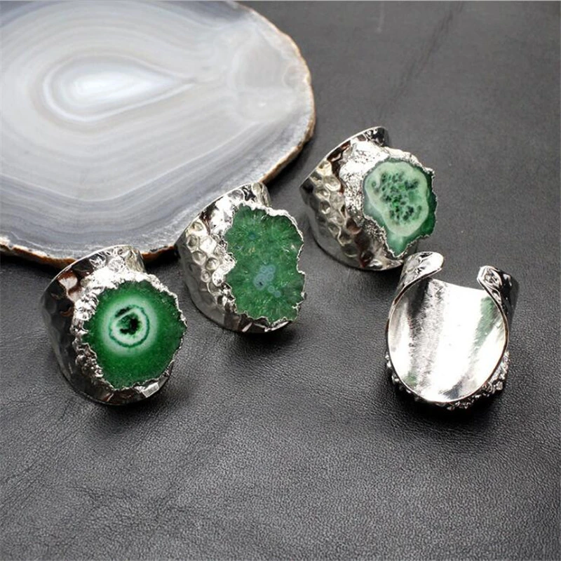 Wholesale/Supplier Natural Stone Agates Sunflower Crystal Geode Sun Agate Ring Plating Silver Irregular Ring