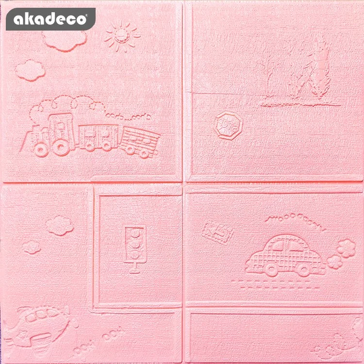 Akadeco Factory Wholesale Cartoon Pink Simple Car Square Bricks Embossed Cute Princess Modern Style 70X70cm 3D Wall Paper Suitable Girls Children Room