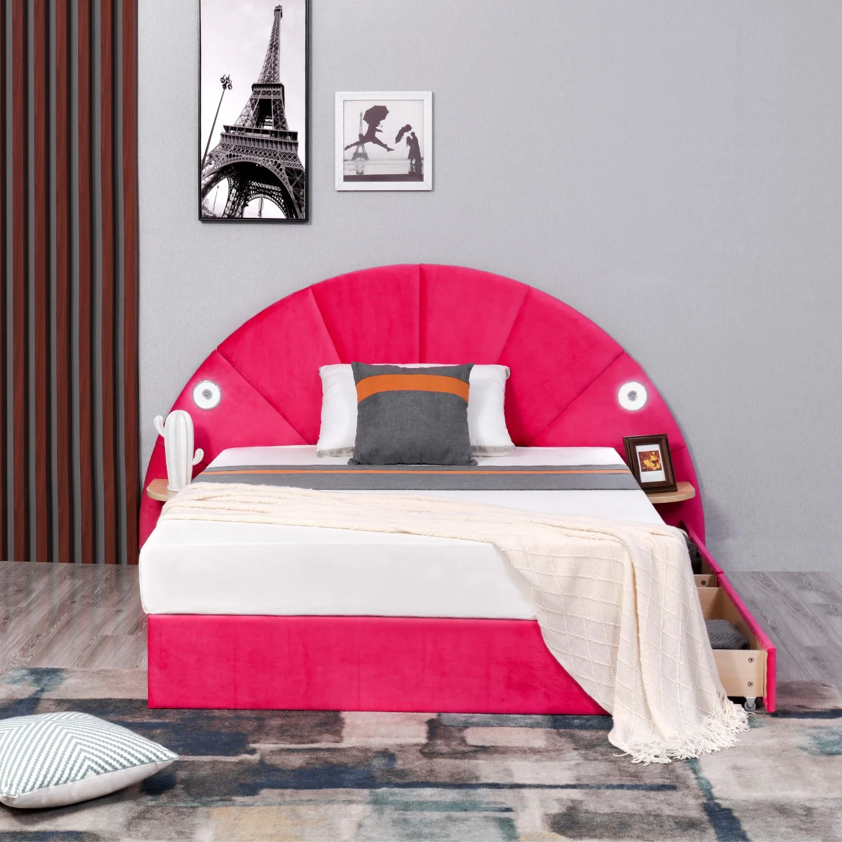 OEM Huayang personalizado Double King Chesterfield Queen Frame Bedroom função Cama de arrumação com luz de leitura
