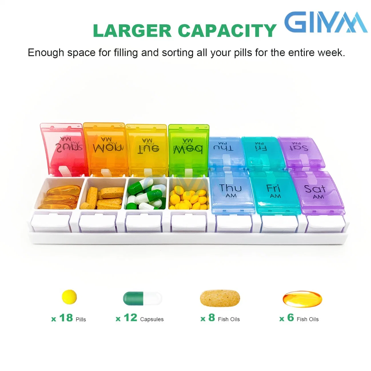 Weekly 7 Day Pill Organizer, Large Daily Pill Cases with Easy Push Button Design for Pills/Vitamin/Fish Oil/Supplements